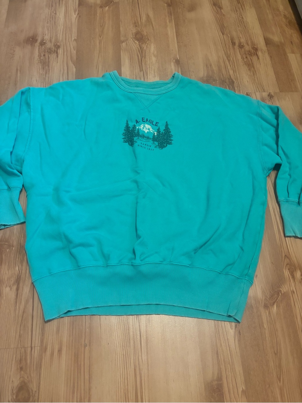 American Eagle Teal Crewneck Sweatshirt with Mountain Graphic L